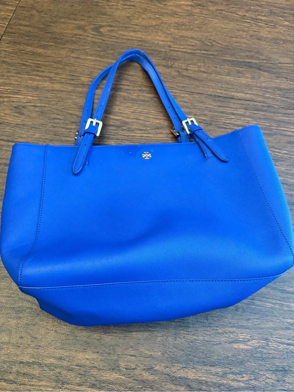 Tory Burch Yorkie Bright Blue Leather Tote with Gold Logo